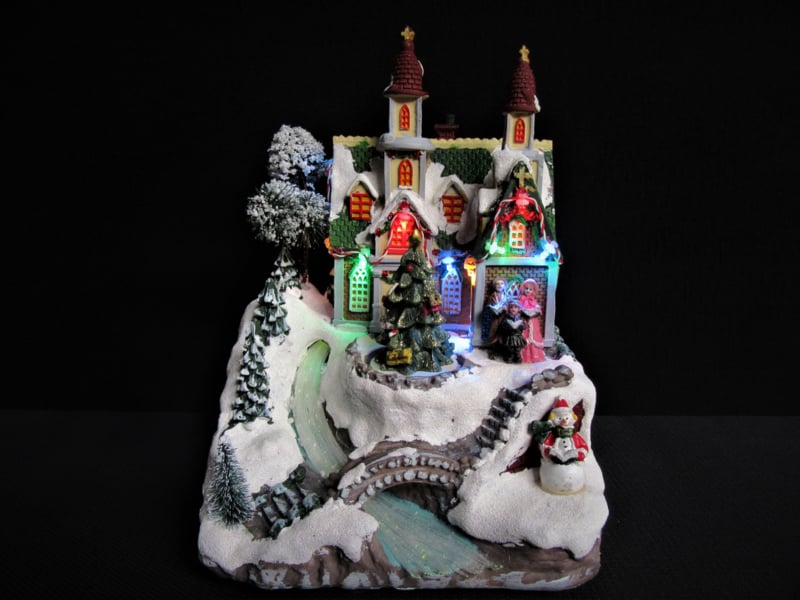 Scène de Noël église avec rivière en fibre optique - multicolore - 19 x 18 x 25 cm - lumières led, musique & mouvement