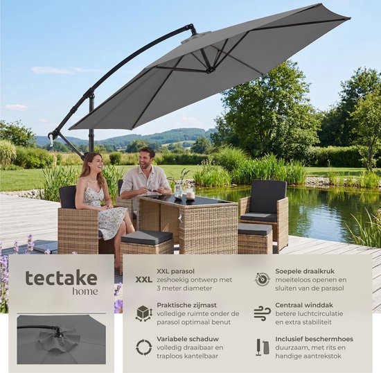 tectake® Parasol à pied flottant - 3 x 3 m - Parasol de jardin - Orientable - Polyester hydrofuge avec protection UV - Housse incluse - Gris
