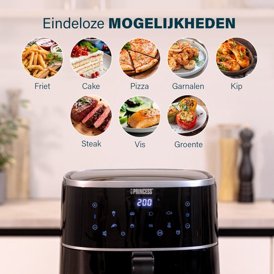Friteuse à air chaud numérique Princess 182238 - 4 litres - Sans PFAS - Grand format - Friteuse à air chaud - Noir - Écran tactile numérique - 8 programmes automatiques - Grille réglable en hauteur incluse