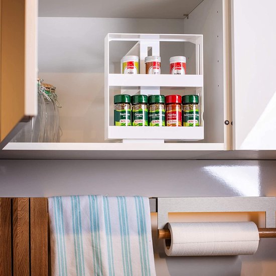 Rangement à épices coulissant - UPP – 2 niveaux – Jusqu’à 20 pots – Installation sans perçage – Blanc