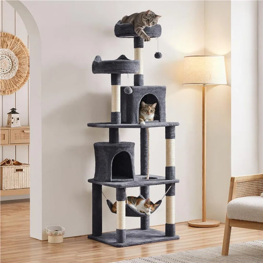 Arbre à chat Yaheetech 181 cm – Gris foncé – 60,5 x 48,5 x 181 cm – Avec 2 maisonnettes, 2 plateformes et 5 poteaux en sisal