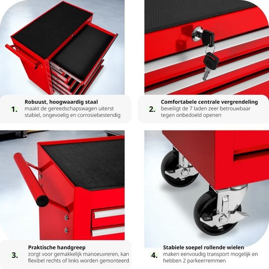 tectake® - Chariot à outils avec 7 tiroirs - chariot d'atelier, atelier mobile, chariot à outils vide, boîte à outils, 7 tiroirs, 69 x 33 x 79 cm, roues avec frein, incl. 2 clés - rouge