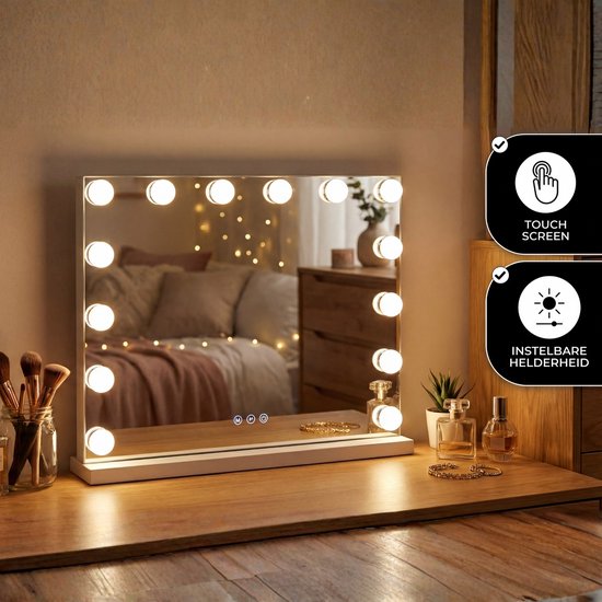 Bayt Hollywood Mirror with Lighting - Miroir de maquillage avec éclairage - Miroir avec éclairage - Dimmable - Grossissement 10x - 50x40cm - Blanc