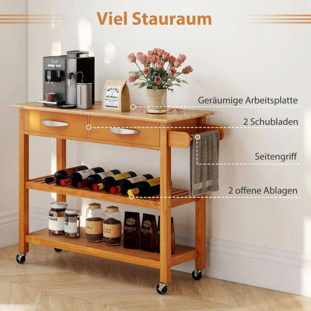 Coast Kitchen Trolley Wood - Étagère de cuisine mobile avec 2 tiroirs et 2 étagères - 106 x 43 cm