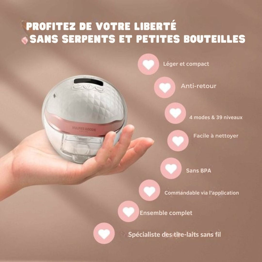 Tire-lait électrique sans fil Vulpes Goods®- mains libres et portable - avec contrôle APP - sans BPA - avec détartreur de granules mammaires, 30 sachets de conservation du lait maternel, sac de voyage et journal du tire-lait - PRO V2 - blanc/rose