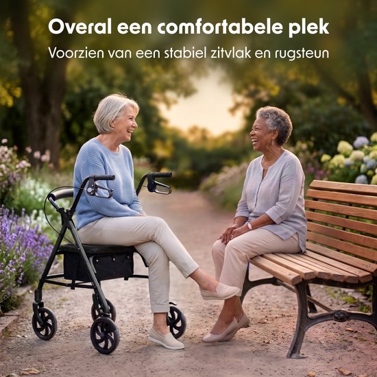 Rollator LifeGoods Basic : léger et pliable (8,7 kg) - Avec siège et dossier – Pour l'intérieur et l'extérieur – Hauteur réglable - Capacité de charge jusqu'à 136 kg – Noir