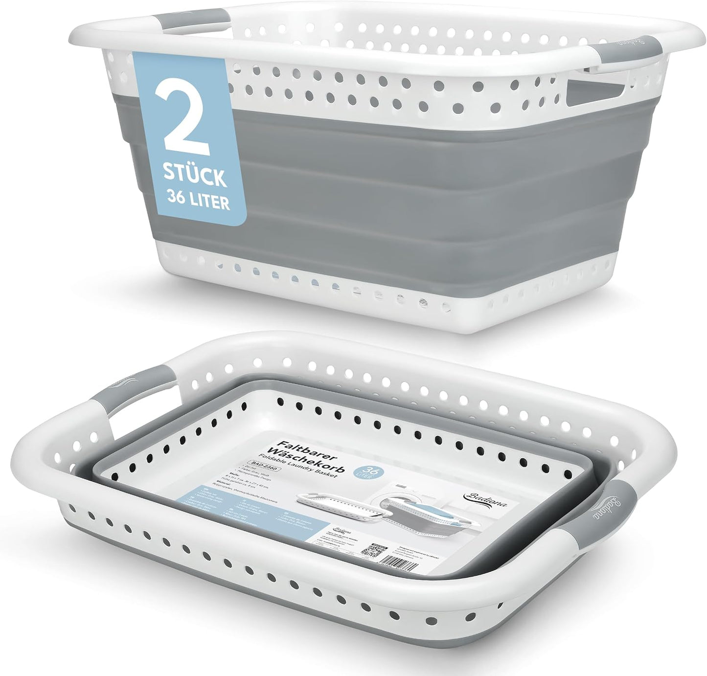 Badiona Lot de 2 corbeilles à linge pliables - 36 Litres - Blanc/Gris - 61 x 45 x 27 cm