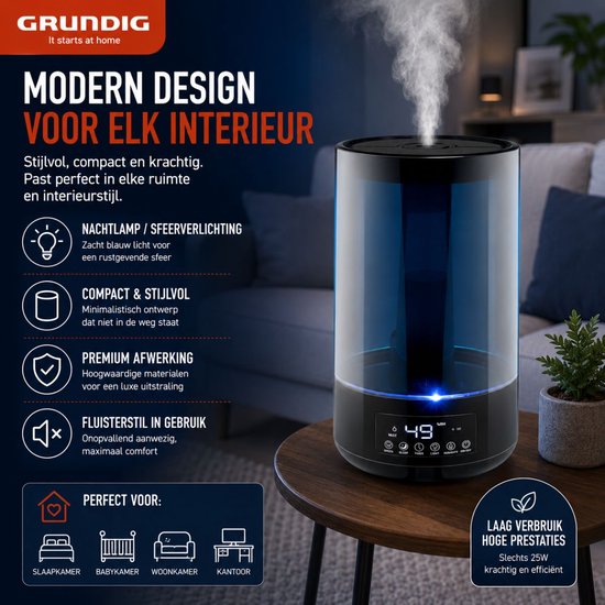 Humidificateur Grundig HD-1903A - Humidificateur à ultrasons 4,3 L - avec minuterie et veilleuse - Télécommande incluse - Noir
