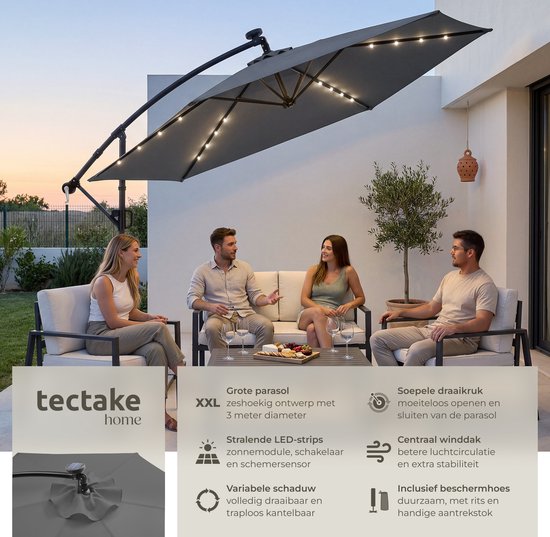 tectake® Parasol à pied flottant - 3 x 3 m - Parasol de jardin avec éclairage LED à énergie solaire - Orientable - Polyester imperméable avec protection UV - Housse incluse - Gris