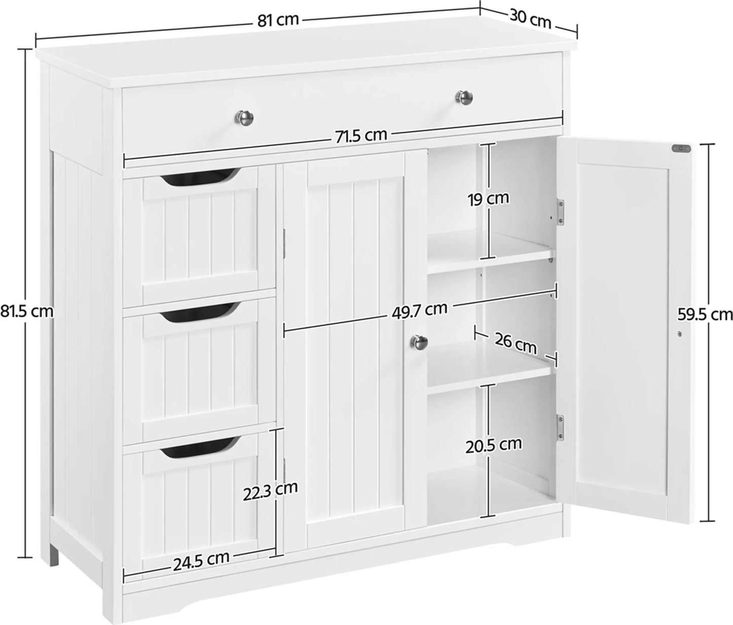 Yaheetech Meuble de salle de bain avec 4 tiroirs et 1 porte - équipé d'une étagère réglable, d'un système anti-basculement et d'un revêtement hydrofuge - pour la salle de bain et le salon - Mdf blanc - 81 x 30 x 81,5 cm