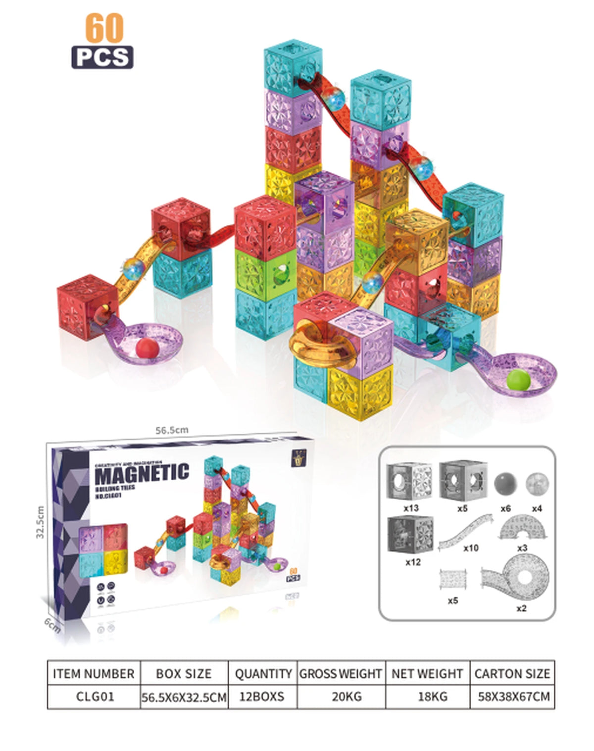 Blocs de construction magnétiques 3D XINQIYUAN – 60 pièces avec circuit à billes – Multicolore – Plastique ABS