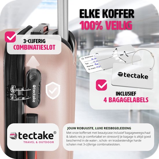 tectake® - Coffret de voyage 4 pièces comprenant valise trolley et pèse-bagages, roues 360°, valise rigide avec serrure à combinaison, grande valise, empilable, valise à main trolley - rosegold