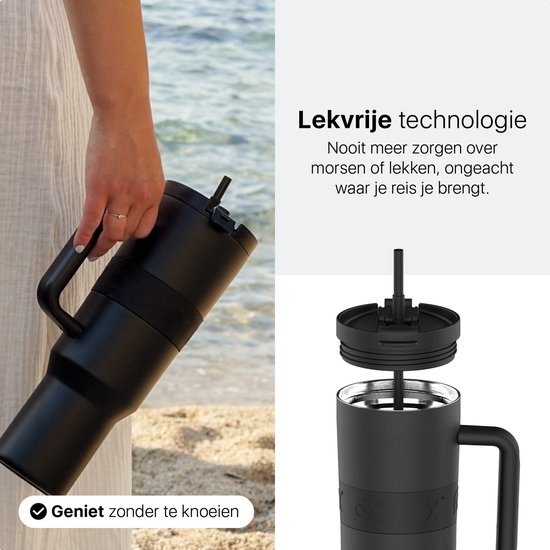 ONYX Bouteille à boire avec paille 1 litre - Bouteille d'eau pour enfants et adultes - Mug Thermos Mug de voyage en acier inoxydable - Buveur motivé - Tasse à boire pour l'école - Noir Onyx