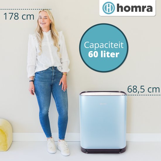 Poubelle Homra Rockx 60 litres - Poubelle à double pédale 2 x 30 L avec filtre anti-odeurs - Poubelle de tri sélectif en acier inoxydable à 2 compartiments - Poubelle de recyclage - Poubelle de cuisine - Poubelle de tri sélectif - Poubelles doubles bleues