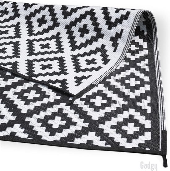 Gadgy Buitenkleed Vloerkleed Buiten XXL - 270x200 cm - Tuintapijt Dubbelzijdig - Picknickkleed Zwart Wit - Buitentapijt