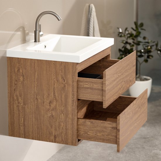 Mirlux Meuble de salle de bains Chêne chaud 60 cm - Lavabo Blanc - Ensemble de meubles de salle de bains - Meuble lavabo Chêne chaud