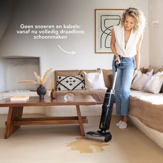 Techweise TC1 Aspirateur balai sans fil Wet & Dry - 30 min d'autonomie - 3 modes de nettoyage - Fonction autonettoyante - 220W - Noir