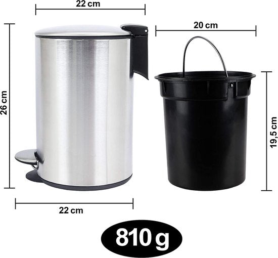 BADIONA Poubelle - Couvercle Softclose et bac intérieur amovible - 5 litres - 22 x 22 x 29 cm - Argent/Noir