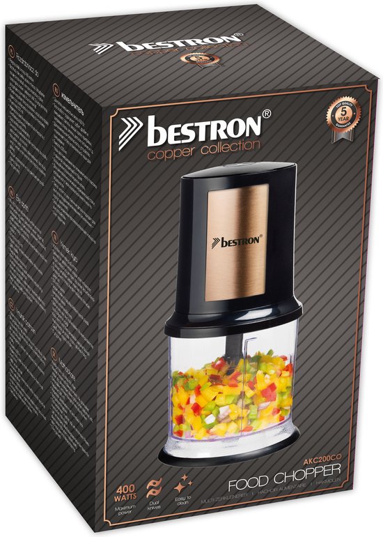 Hachoir Bestron - AKC200CO - Capacité de 500 ml - 2 lames en acier inoxydable - Fonction pulse - Couleur cuivre - Garantie de 5 ans