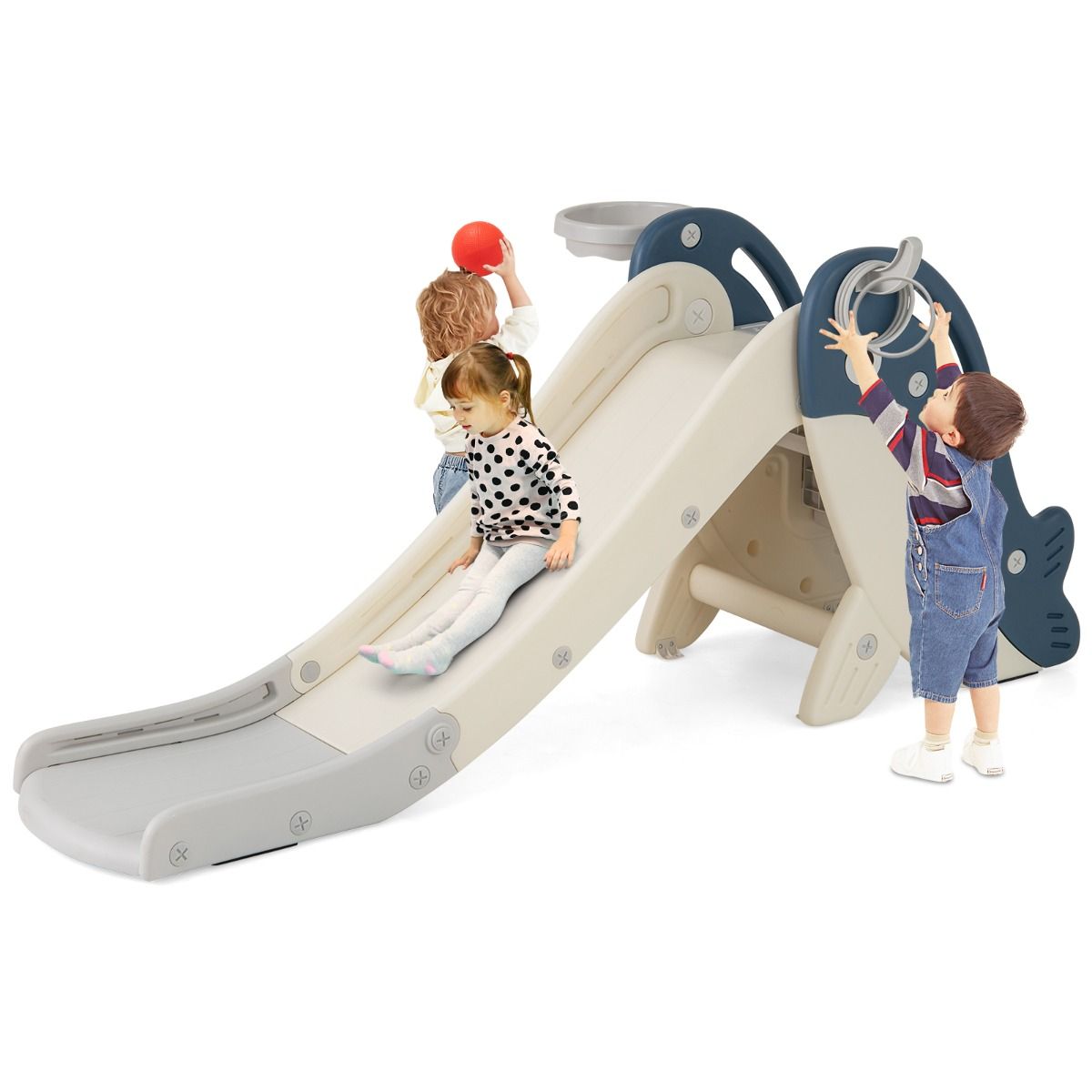 Toboggan pour enfants Coast avec panier de basket et jeu de lancer d'anneaux - Ensemble de jeu pliable - Motif baleine - Bleu