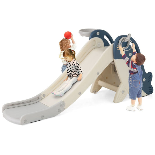 Toboggan pour enfants Coast avec panier de basket et jeu de lancer d'anneaux - Ensemble de jeu pliable - Motif baleine - Bleu