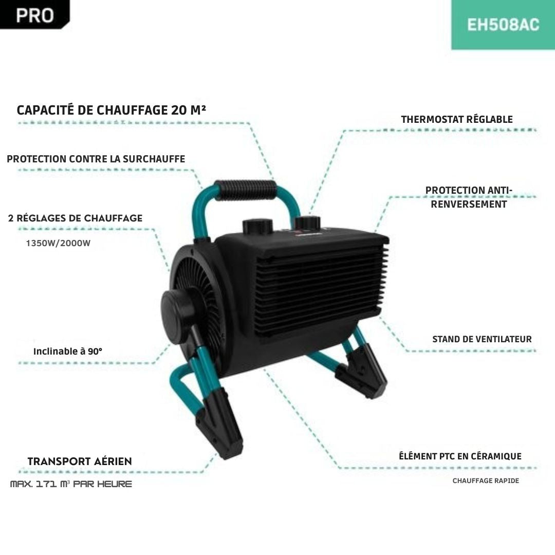 Chauffage électrique VONROC PRO- soufflant - chauffage d'atelier - 1350W/2000W - céramique - 3 réglages - thermostat - 900 inclinable - 20m2 - noir