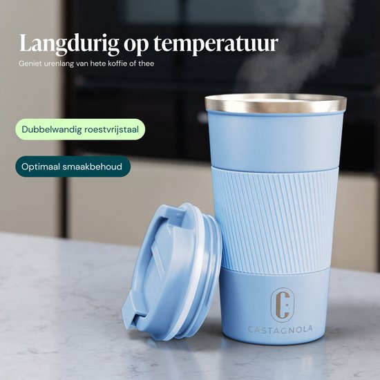Mug isotherme Castagnola - Mug à café à emporter - Mug de voyage pour café et thé - Mug à thé - 510 ml - Acier inoxydable - Bleu clair