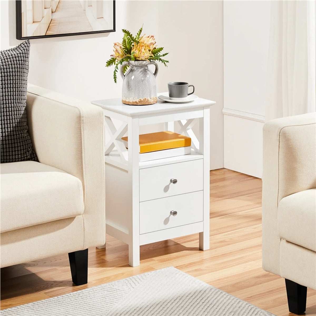 Table de chevet à 2 tiroirs et étagère ouverte, piètement métallique en forme de X, blanc, 40 × 30 × 60 cm