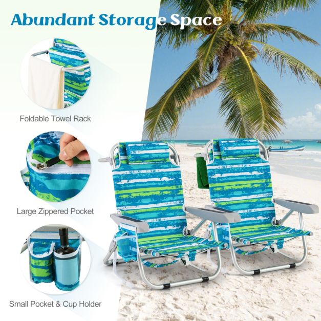 Chaise de plage confortable Coast avec dossier réglable en 5 positions, pliable, structure légère en aluminium, porte-gobelet et compartiments de rangement - Bleu/Vert, 66x65x78 cm