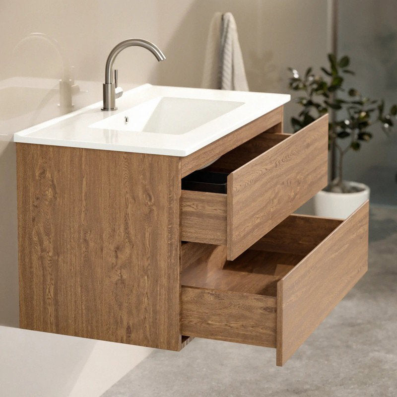 Meuble de salle de bains Mirlux Luma 80 cm - Chêne chaud - Lavabo blanc