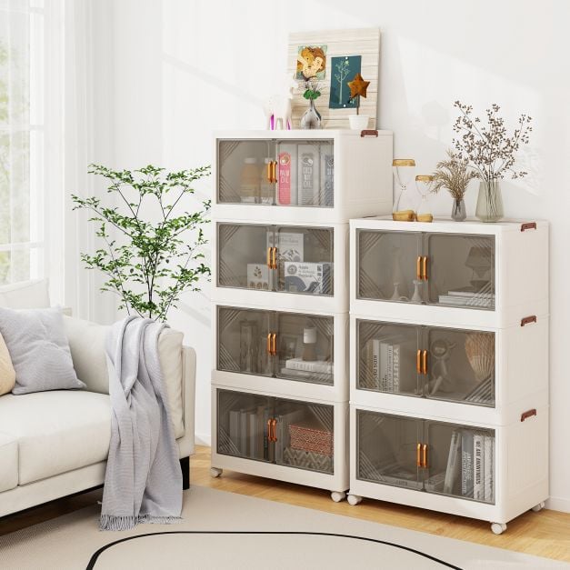 Coast Storage Boxes White/Brown - Meuble de rangement empilable avec portes et roulettes - 284L - 65 x 39 x 142 cm