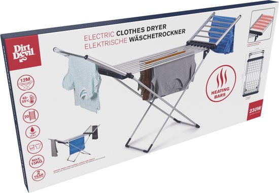 Étendoir électrique - Dirt Devil - 20 Tiges – Séchage 12 m – Température Réglable 45-55°C – Pliable - 147 x 54 x 94 cm - Aluminium
