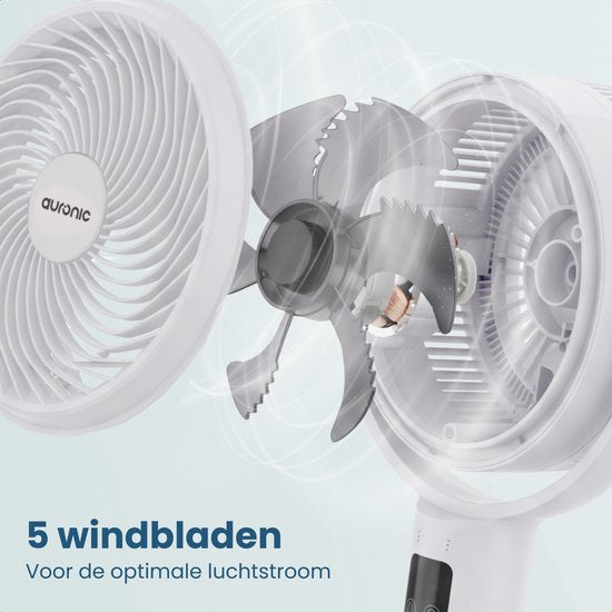 Ventilateur sur pied Auronic - Ventilateur de table et de sol - 9 vitesses et minuterie - Refroidisseur d'air - Silencieux - Avec télécommande et écran - Ventilateur - Blanc