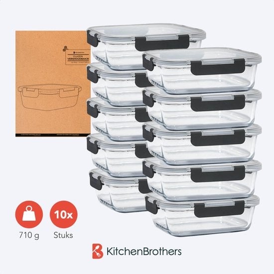 KitchenBrothers Meal Prep Trays - Set de plateaux fraîcheur - hermétique - sans BPA - 1L - verre - 10 pièces