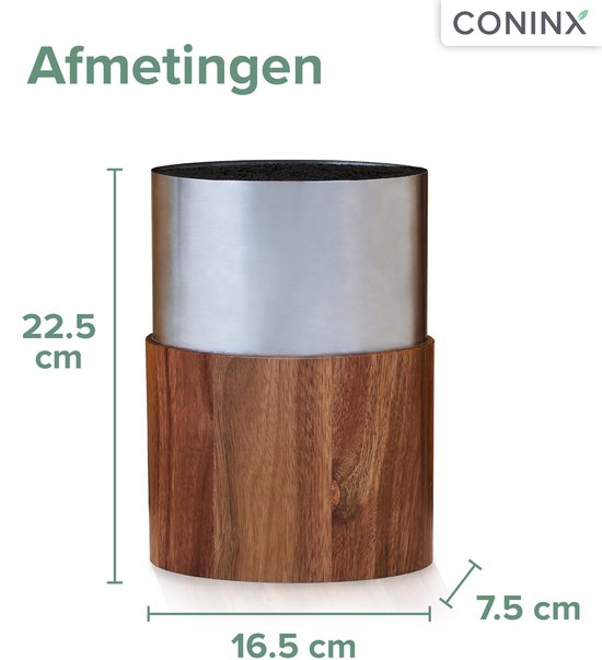 Bloc à couteaux Coninx Saporo - Porte-couteaux universel en bois et acier inoxydable - Support à couteaux sans couteaux - Porte-couteaux de cuisine en bois d'acacia