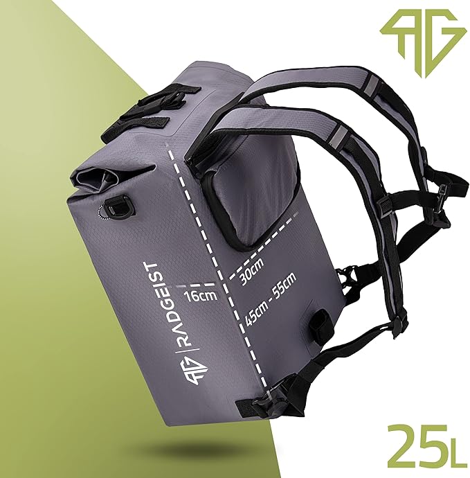 RADGEIST 3in1 sacoche vélo pour porteur - sacoche vélo étanche, extra robuste avec fermeture rapide - sac à dos vélo (25 litres) - sac à dos vélo (gris)