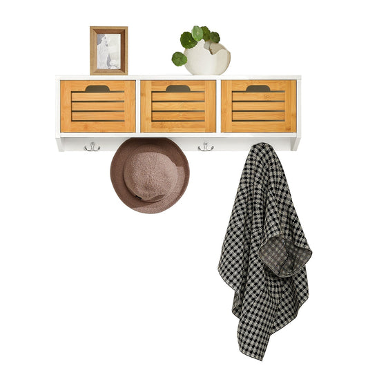 SoBuy Porte-manteau mural - Porte-manteau suspendu avec 3 paniers et 4 crochets - Max. 15KG - 80 x 25 x 20 cm - Blanc