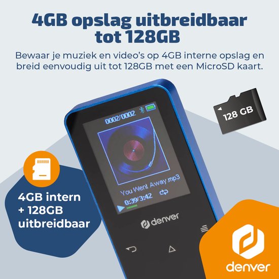 Lecteur MP3/MP4 Denver - Bluetooth - Lecture aléatoire/Répétition - Carte SD jusqu'à 128 Go - Écouteurs inclus - Dictaphone - MP1830BU - Bleu
