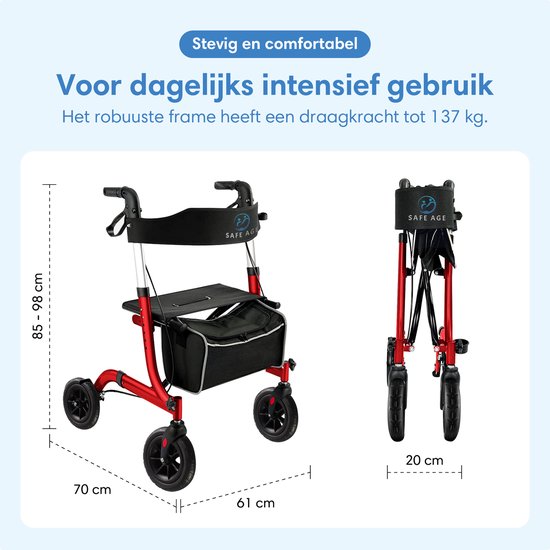 Safe Life® Rollator léger et pliable - fonction assise - pour l'intérieur et l'extérieur - dossier et support de canne - Rouge