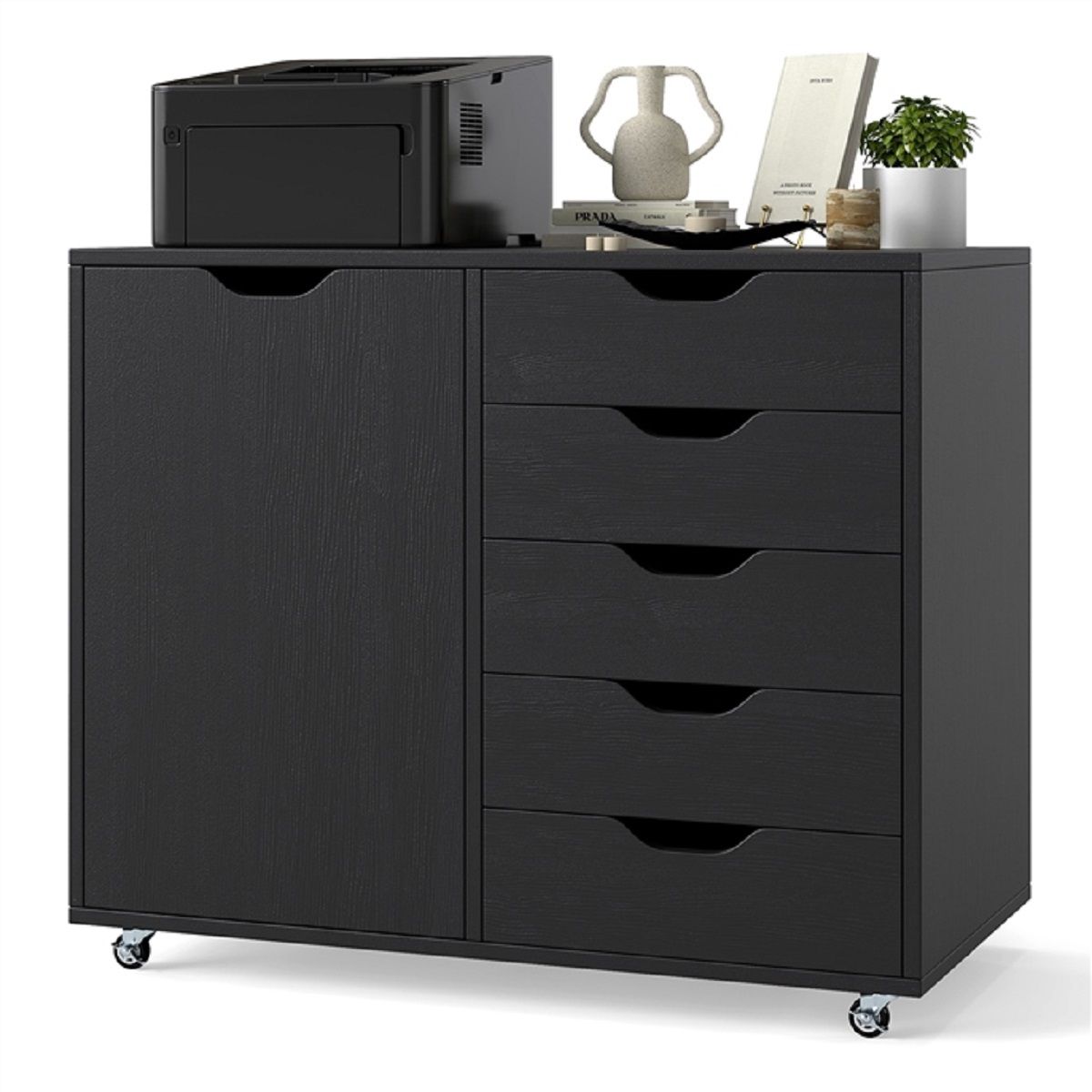 Coast : caisson à roulettes à 5 tiroirs - Armoire à porte - Plan de travail - Noir - 79 x 39 x 65 cm