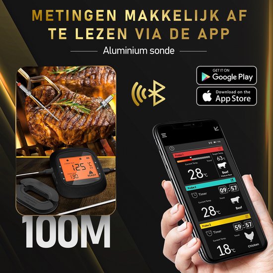 MostEssential PRO-3 Thermomètre à viande numérique - Thermomètre pour barbecue - Sans fil avec application - Bluetooth 5.0 - Portée de 100 m - 3 sondes de mesure et étui de rangement de luxe inclus