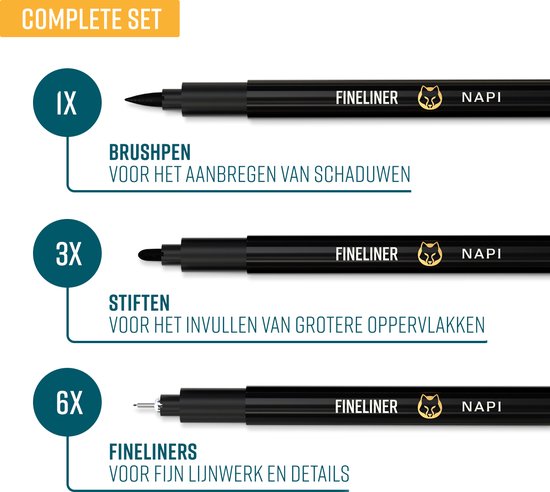 NAPI 10 Fineliners Noirs avec Stylo Pinceau et Règle - 0.2 à 3mm - Stylos Noirs - Accessoires Bullet Journal - Set de stylos à dessin