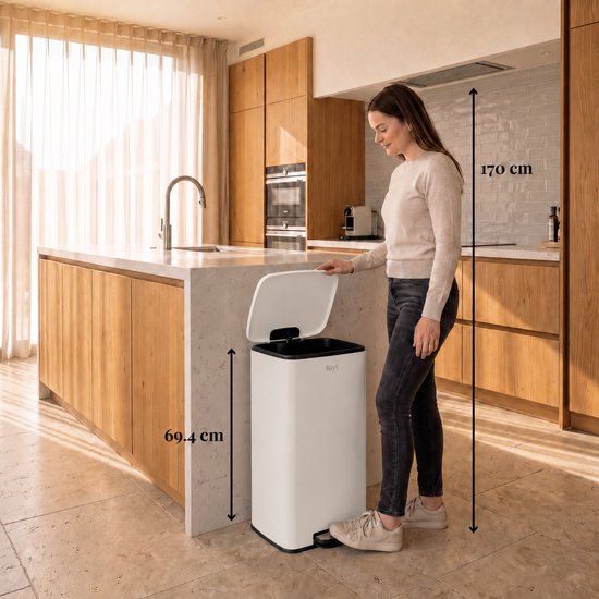 Poubelle Bayt - Poubelle 60 litres - Poubelle à pédale 60 litres - Poubelle 60 litres - Corbeille à déchets - Acier inoxydable - Blanc crème