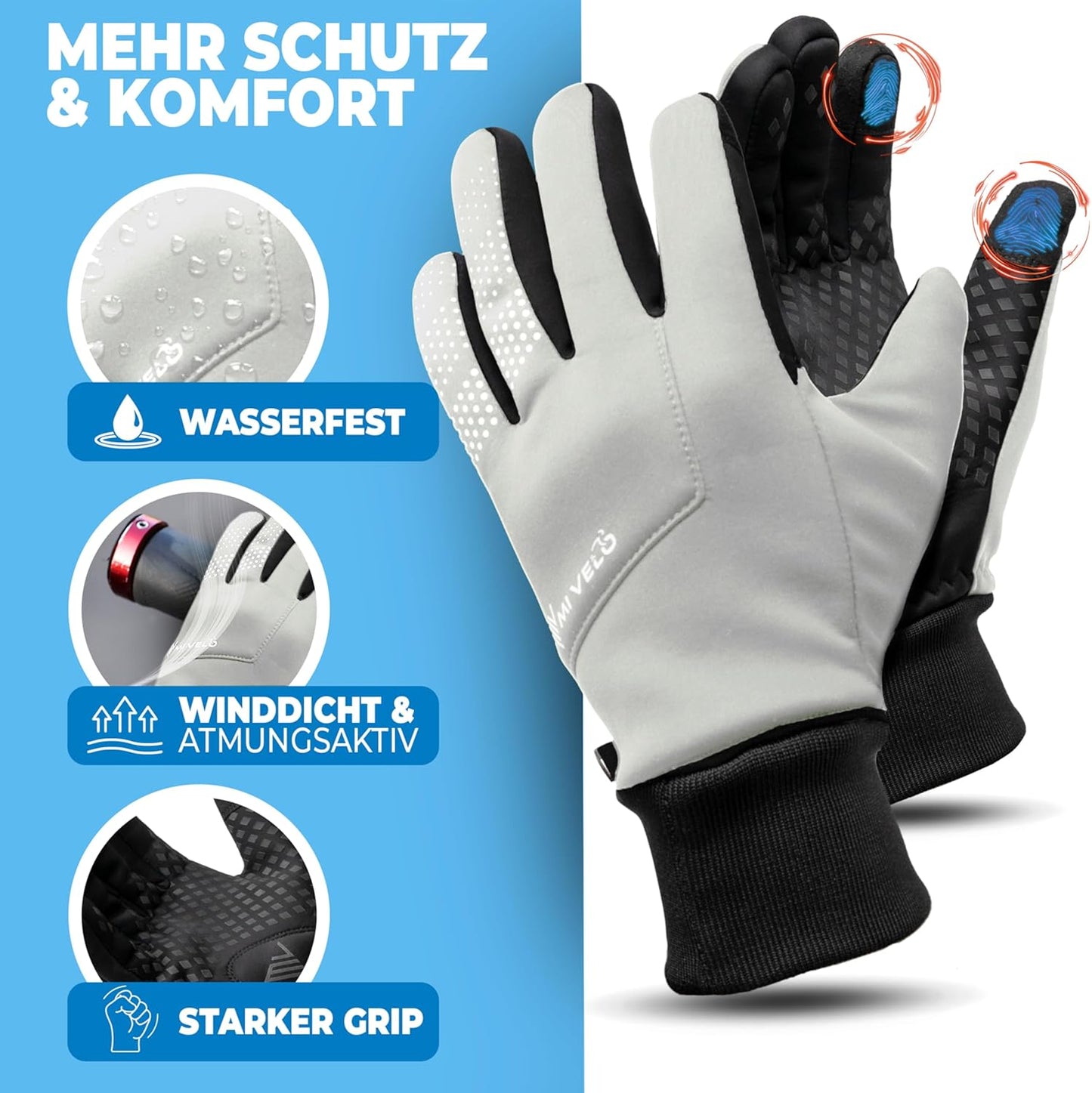 MIVELO Gants de cyclisme VELORIDER - Coupe-vent et imperméable - Compatible avec les écrans tactiles - Réfléchissant - Taille S