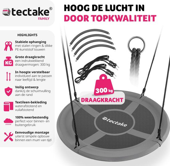 tectake® - Balançoire à litière - Capacité de charge du panier jusqu'à 300 kg - Balançoire pour enfants et adultes - Balançoire de jardin extérieur ou chaise suspendue intérieure - Jouets pour le jardin ou la chambre d'enfant - Ø 100 cm