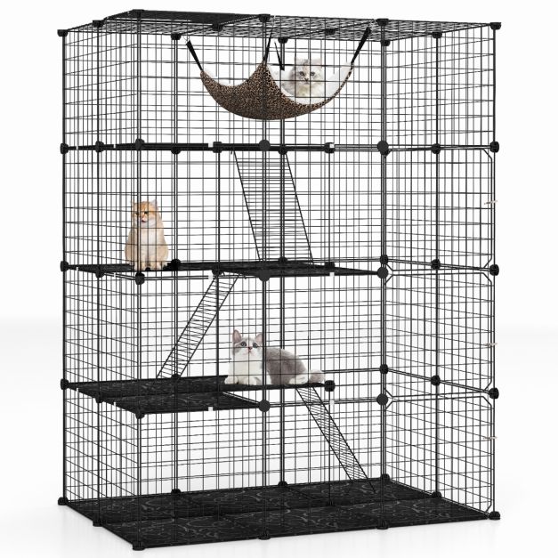 Cage à chat spacieuse à 4 étages de 143 cm de haut - Cage en métal noir avec hamac, étagères et échelles pour chats et petits animaux de compagnie