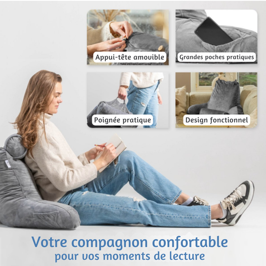 Coussin de lecture Ella® - Avec appui tête - Housse en velours - 50x60x40 cm - Anthracite