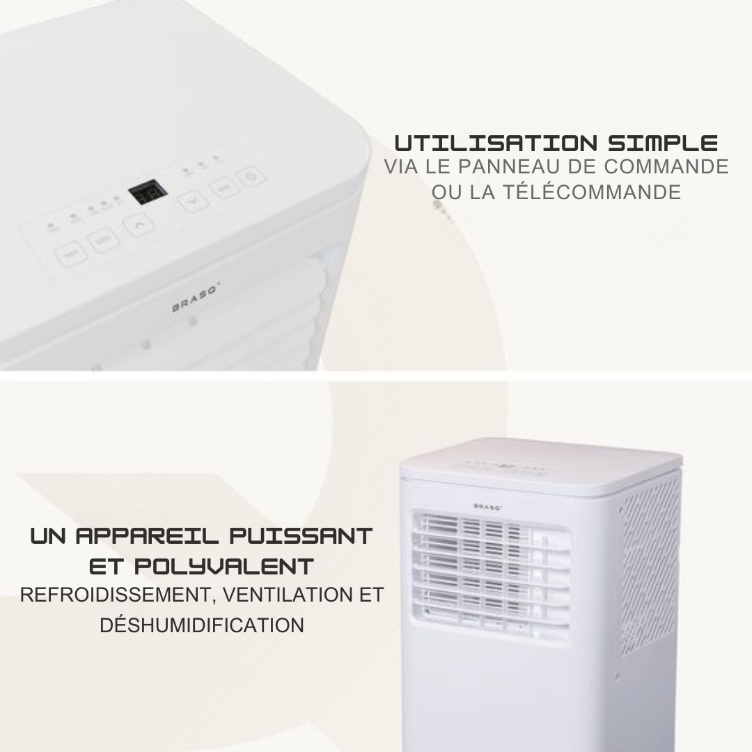 BRASQ 3-in-1 Climatiseur mobile avec kit d'étanchéité de fenêtre - Avec télécommande - Convient pour Chambre à coucher - Salon - Bureau - Climatiseur jusqu'à 16m2 - 9000 BTU - Blanc