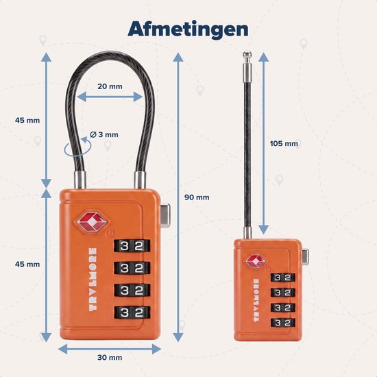 TRVLMORE Cadenas de valise avec câble - Certifié TSA - Fonction alarme - À 4 chiffres - Lot de 2 - Orange