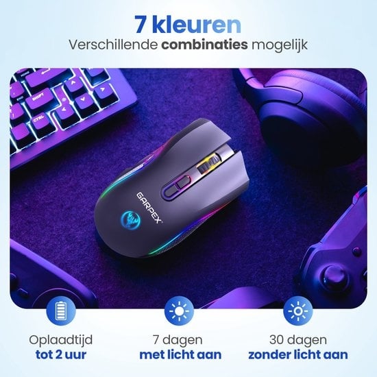 Garpex® Silent Wireless Mouse - Gaming Mouse - Computer Mouse - Mouse Wireless - With LED Lighting - Rechargeable - Black